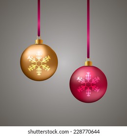 Red and gold Christmas balls with snowflakes and red ribbons,EPS10