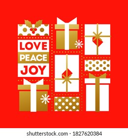 Red and gold Christmas card with holiday gift boxes and wishes of love, peace and joy