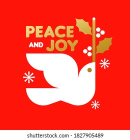 Red And Gold Christmas Card With White Dove Holding Holly Branch And Wishes Of Peace And Joy