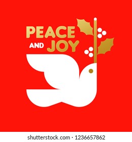 Red and gold Christmas card with wishes of peace and joy and dove holding holly branch 