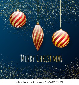 Red gold Christmas decorations on blue background. Gold glitter. Invitation Background. Vector object. New year illustration