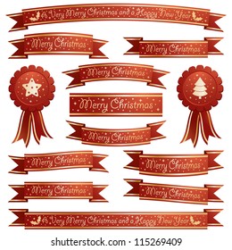 red and gold christmas ribbons and rosettes, isolated on white