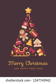 Red and gold Christmas tree made from Christmas and winter items. New year greeting card.