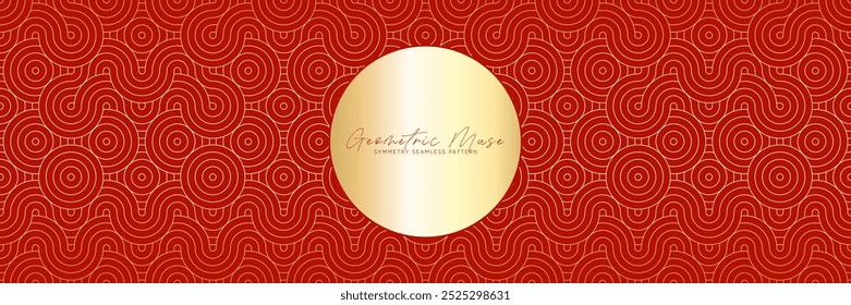 Padrão geométrico contínuo circular vermelho e dourado. Ornamento tradicional asiático para têxteis festivos e decoração. Textura Oriental Premium para a celebração do Ano Novo Chinês e Lunar do Ano da Cobra.