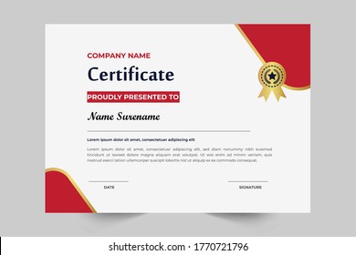 Red & Gold Color Certificate For Award And Education Vector Template Design
