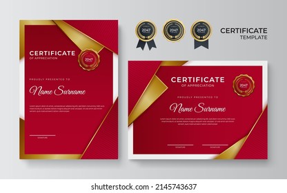 Plantilla de diseño de certificado de color rojo dorado. Certificado moderno limpio con insignia de oro. Plantilla de borde de certificado con diseño de línea moderno de lujo. Conjunto de plantillas de vectores de certificados de diploma