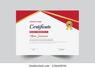 Red & Gold Color Creative Style Certificate Template With Badge Vector Template