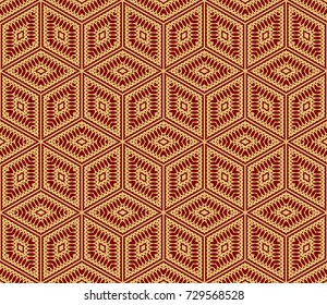 Red, Gold Color Line Cube Seamless Pattern Background. Vintage Retro. For Background, Fashion Print. Hipster design. vector