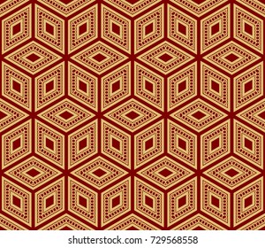 Red, Gold Color Line Cube Seamless Pattern Background. Vintage Retro. For Background, Fashion Print. Hipster design. vector