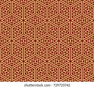 Red, Gold Color Line Cube Seamless Pattern Background. Vintage Retro. For Background, Fashion Print. Hipster design. vector