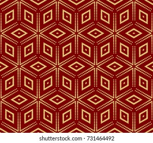 Red, Gold Color Line Cube Seamless Pattern Background. Vintage Retro. For Background, Fashion Print. Hipster design. vector