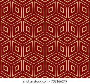 Red, Gold Color Line Cube Seamless Pattern Background. Vintage Retro. For Background, Fashion Print. Hipster design. vector