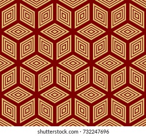 Red, Gold Color Line Cube Seamless Pattern Background. Vintage Retro. For Background, Fashion Print. Hipster design. vector
