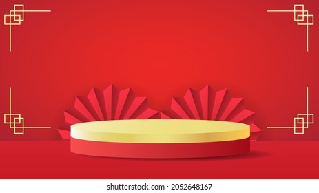 Red and gold color Podium 3d illustration template on red color background, for online content in Christmas holiday, illustration Vector EPS 10