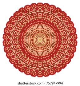 Red, Gold color round mandala ornament. Element for fashion design. Vector illustration