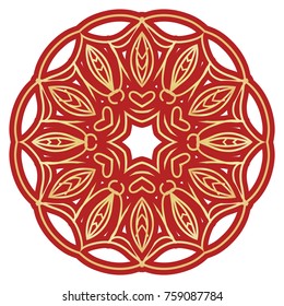 Red, Gold color round mandala ornament. Element for fashion design. Vector illustration