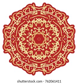 Red, Gold color round mandala ornament. Element for fashion design. Vector illustration