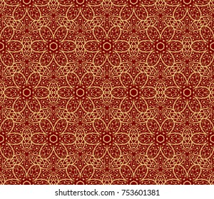 Red, Gold color seamless floral outline fashion textile pattern. Vector illustration