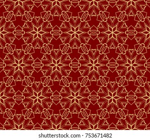 Red, Gold color seamless floral outline fashion textile pattern. Vector illustration