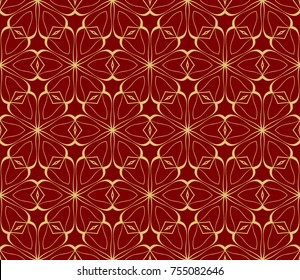 Red, Gold color seamless floral outline fashion textile pattern. Vector illustration