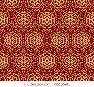 Red, Gold color seamless floral outline fashion textile pattern. Vector illustration