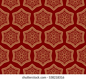 Red and gold color seamless pattern with damask floral ornament. Vector illustration. For invitation, template, wallpaper