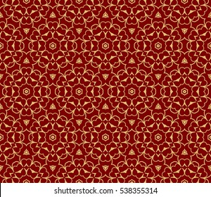 Red and gold color seamless pattern with damask floral ornament. Vector illustration. For invitation, template, wallpaper