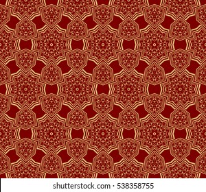 Red and gold color seamless pattern with damask floral ornament. Vector illustration. For invitation, template, wallpaper
