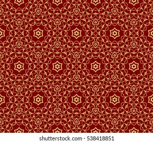 Red and gold color seamless pattern with damask floral ornament. Vector illustration. For invitation, template, wallpaper