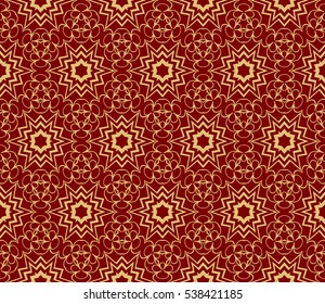 Red and gold color seamless pattern with damask floral ornament. Vector illustration. For invitation, template, wallpaper