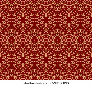 Red and gold color seamless pattern with damask floral ornament. Vector illustration. For invitation, template, wallpaper