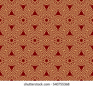 Red and gold color seamless pattern with damask floral ornament. Vector illustration. For invitation, template, wallpaper
