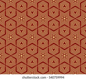 Red and gold color seamless pattern with damask floral ornament. Vector illustration. For invitation, template, wallpaper