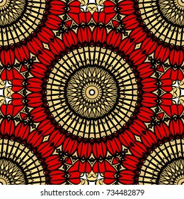 red, gold color seamless pattern with kaleidoscope design. vector illustration