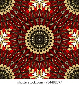 red, gold color seamless pattern with kaleidoscope design. vector illustration