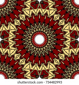 red, gold color seamless pattern with kaleidoscope design. vector illustration