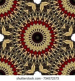 red, gold color seamless pattern with kaleidoscope design. vector illustration