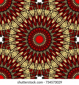 red, gold color seamless pattern with kaleidoscope design. vector illustration