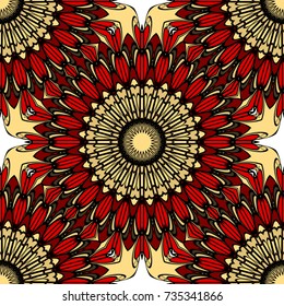 red, gold color seamless pattern with kaleidoscope design. vector illustration