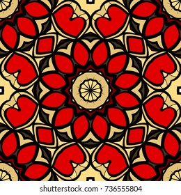 red, gold color seamless pattern with kaleidoscope design. vector illustration