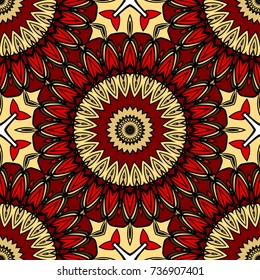 red, gold color seamless pattern with kaleidoscope design. vector illustration