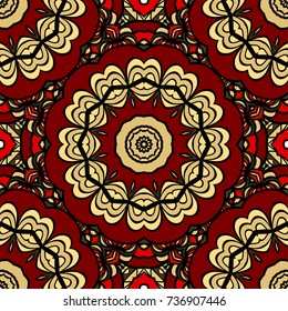 red, gold color seamless pattern with kaleidoscope design. vector illustration