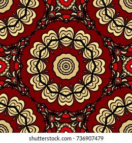 red, gold color seamless pattern with kaleidoscope design. vector illustration