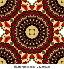 red, gold color seamless pattern with kaleidoscope design. vector illustration