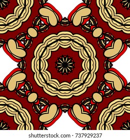 red, gold color seamless pattern with kaleidoscope design. vector illustration