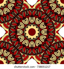 red, gold color seamless pattern with kaleidoscope design. vector illustration