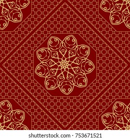 Red, gold color seamless retro lace pattern with floral decoration. Vector illustration