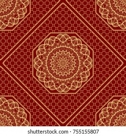Red, gold color seamless retro lace pattern with floral decoration. Vector illustration