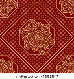 Red, gold color seamless retro lace pattern with floral decoration. Vector illustration