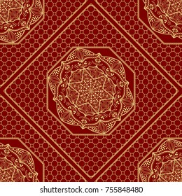 Red, gold color seamless retro lace pattern with floral decoration. Vector illustration
